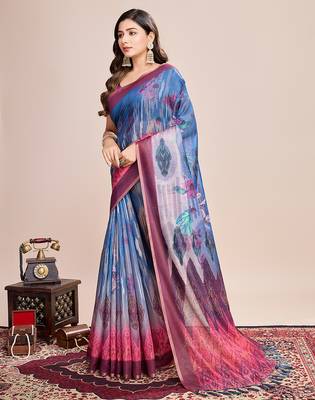 Multicolor printed linen saree with blouse piece 4
