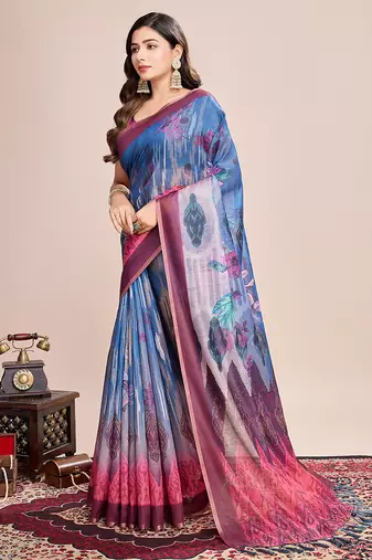 Multicolor printed linen saree with blouse piece