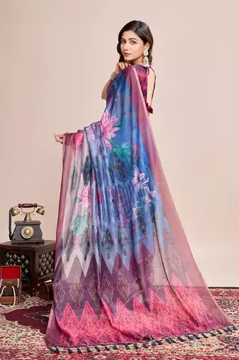 Multicolor printed linen saree with blouse piece
