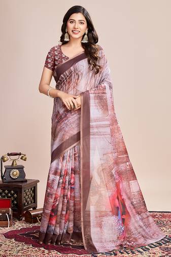 Multicolor printed linen saree with blouse piece