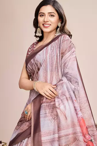 Multicolor printed linen saree with blouse piece