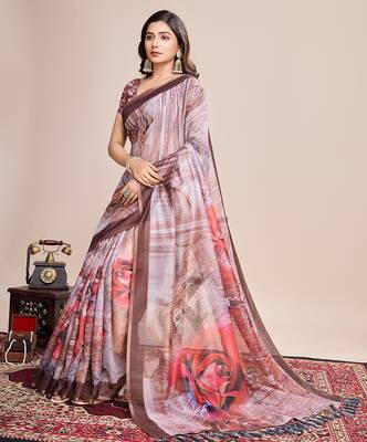 Multicolor printed linen saree with blouse piece 3