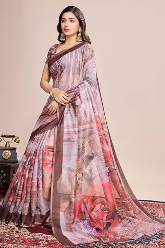 Multicolor printed linen saree with blouse piece