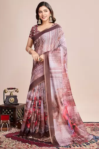 Multicolor printed linen saree with blouse piece