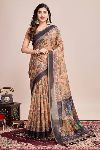 Multicolor printed linen saree with blouse piece