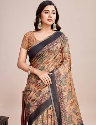 Multicolor printed linen saree with blouse piece 2