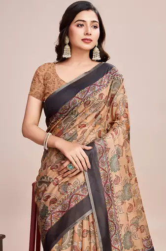 Multicolor printed linen saree with blouse piece