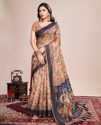 Multicolor printed linen saree with blouse piece 3
