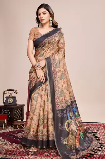 Multicolor printed linen saree with blouse piece