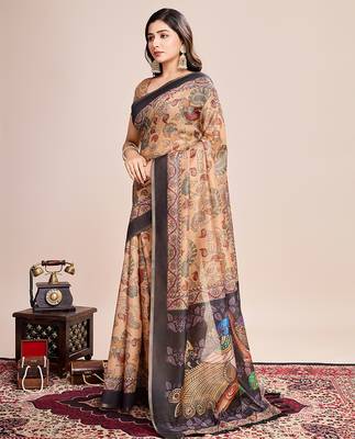 Multicolor printed linen saree with blouse piece 4