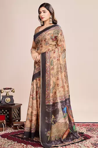 Multicolor printed linen saree with blouse piece