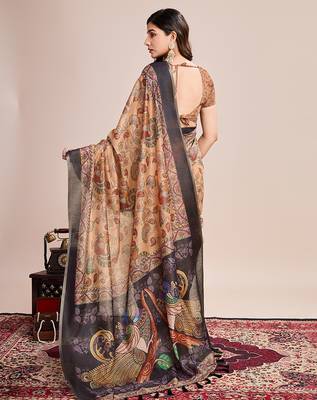Multicolor printed linen saree with blouse piece 5