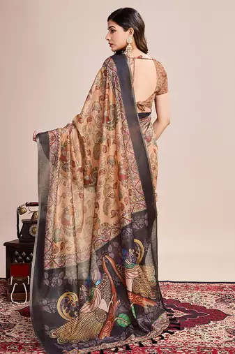 Multicolor printed linen saree with blouse piece