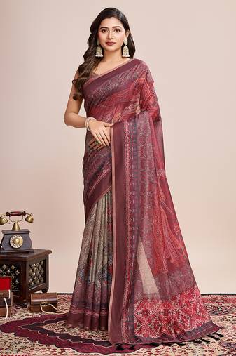 Multicolor printed linen saree with blouse piece