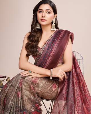 Multicolor printed linen saree with blouse piece 2