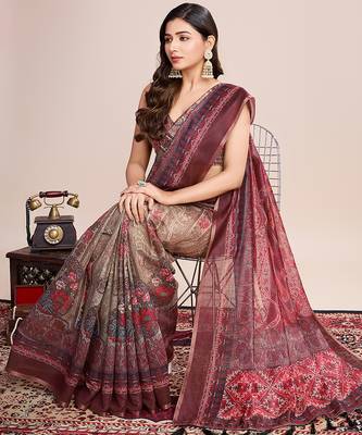 Multicolor printed linen saree with blouse piece 3