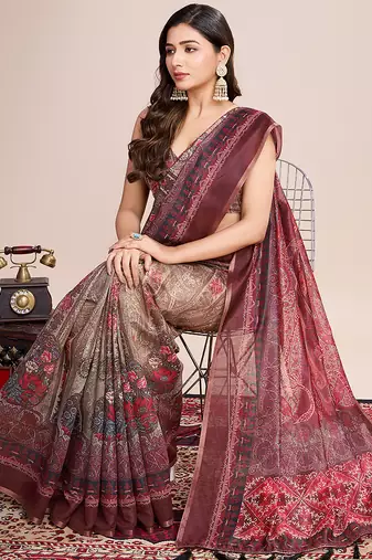 Multicolor printed linen saree with blouse piece