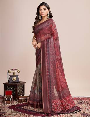 Multicolor printed linen saree with blouse piece 4
