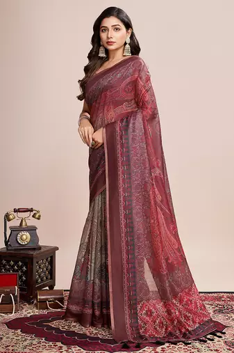 Multicolor printed linen saree with blouse piece