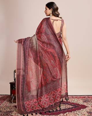 Multicolor printed linen saree with blouse piece 5