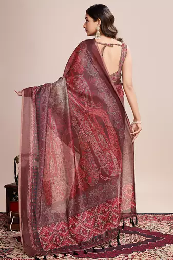 Multicolor printed linen saree with blouse piece