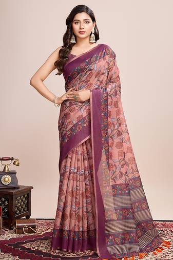 Multicolor printed linen saree with blouse piece