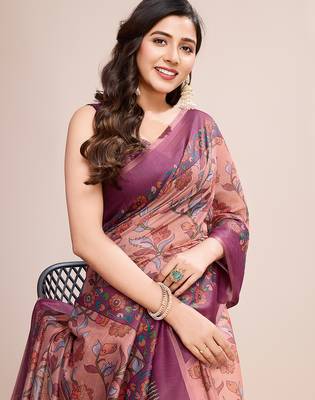 Multicolor printed linen saree with blouse piece 2