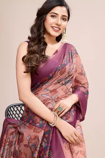 Multicolor printed linen saree with blouse piece