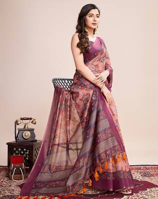 Multicolor printed linen saree with blouse piece 3