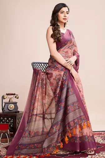 Multicolor printed linen saree with blouse piece