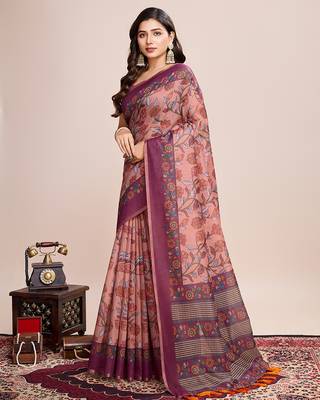 Multicolor printed linen saree with blouse piece 4