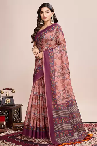 Multicolor printed linen saree with blouse piece