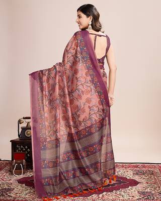 Multicolor printed linen saree with blouse piece 5