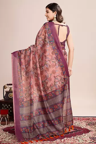 Multicolor printed linen saree with blouse piece