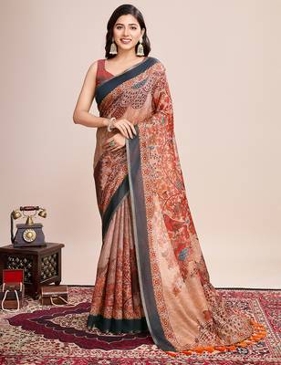 Multicolor printed linen saree with blouse piece 1