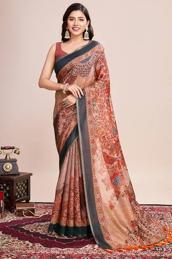 Multicolor printed linen saree with blouse piece