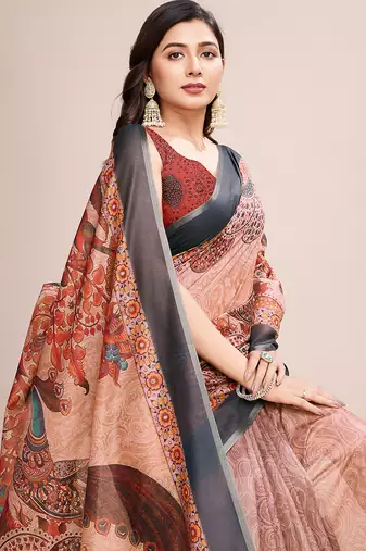Multicolor printed linen saree with blouse piece