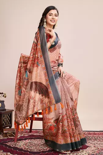 Multicolor printed linen saree with blouse piece