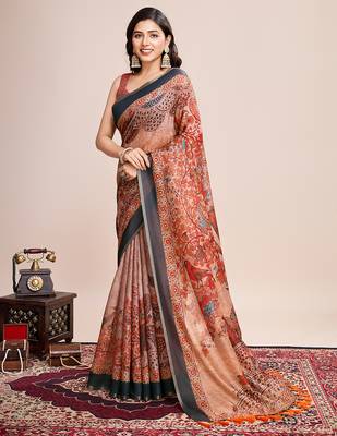 Multicolor printed linen saree with blouse piece 4