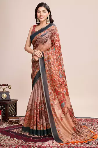 Multicolor printed linen saree with blouse piece