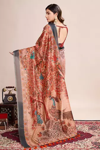 Multicolor printed linen saree with blouse piece