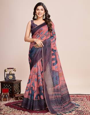 Multicolor printed linen saree with blouse piece 1
