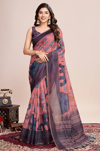 Multicolor printed linen saree with blouse piece