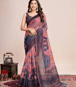 Multicolor printed linen saree with blouse piece