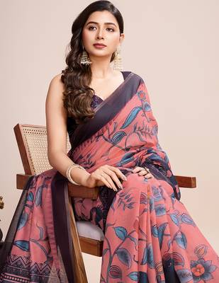 Multicolor printed linen saree with blouse piece 2