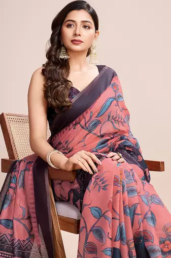 Multicolor printed linen saree with blouse piece