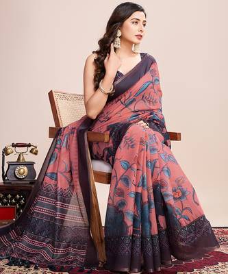 Multicolor printed linen saree with blouse piece 3