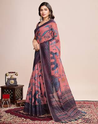 Multicolor printed linen saree with blouse piece 4