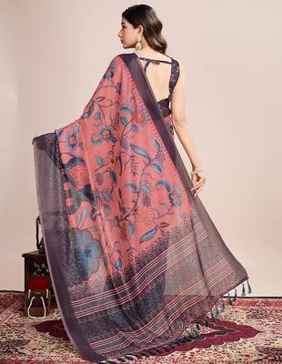 Multicolor printed linen saree with blouse piece 5