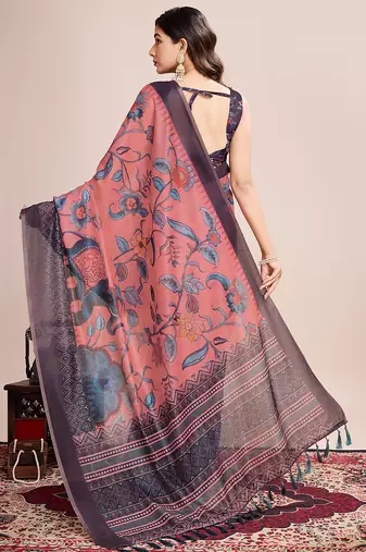 Multicolor printed linen saree with blouse piece